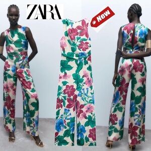 Zara floral flower print satin effect sleeveless jumpsuit Sz S NWT tropical